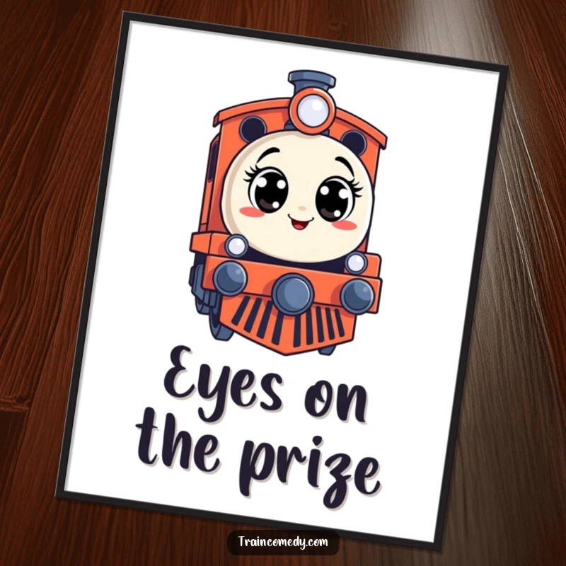 Funny digital art print of a stylized train engine with a comically surprised expression and wide-open eyes, full of whimsy.
