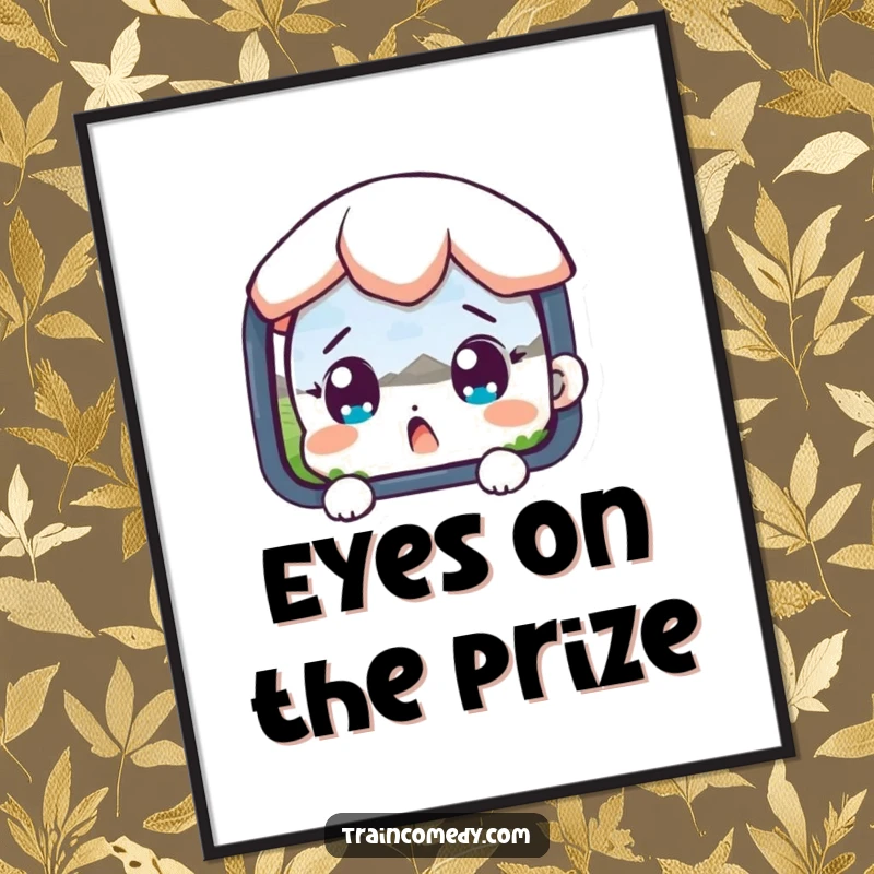 Funny digital art print of a surprised character with wide eyes looking at a beautiful passing landscape, ready for printing.