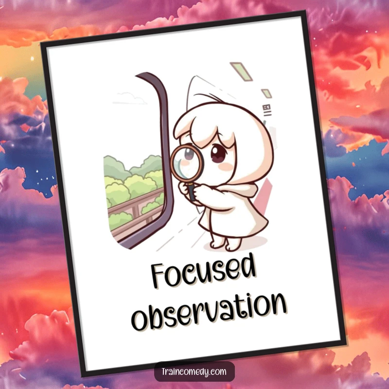 Funny digital art print of a curious character using a magnifying glass on a train window, intently watching the passing scenery.