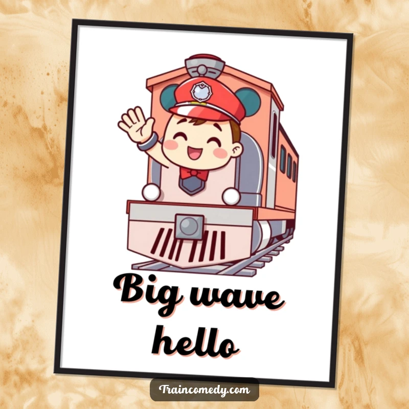 Funny digital art print of a cheerful train conductor character waving enthusiastically from the front of a train engine, for immediate download and joy.