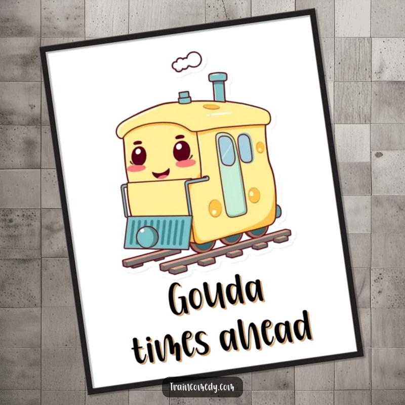 Funny digital art print of a train carriage shaped like a smiling cheese, cheerfully chugging along, bringing delicious humor.