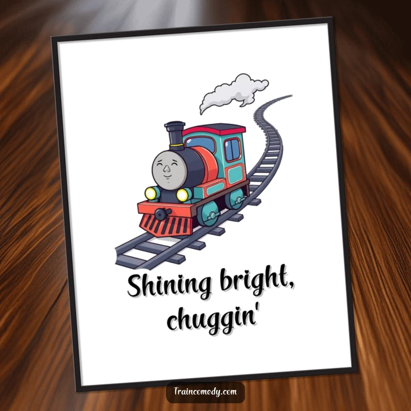 Funny determined train character chugging uphill with sparkling coal, as a digital art print, bringing instant inspiring humor.