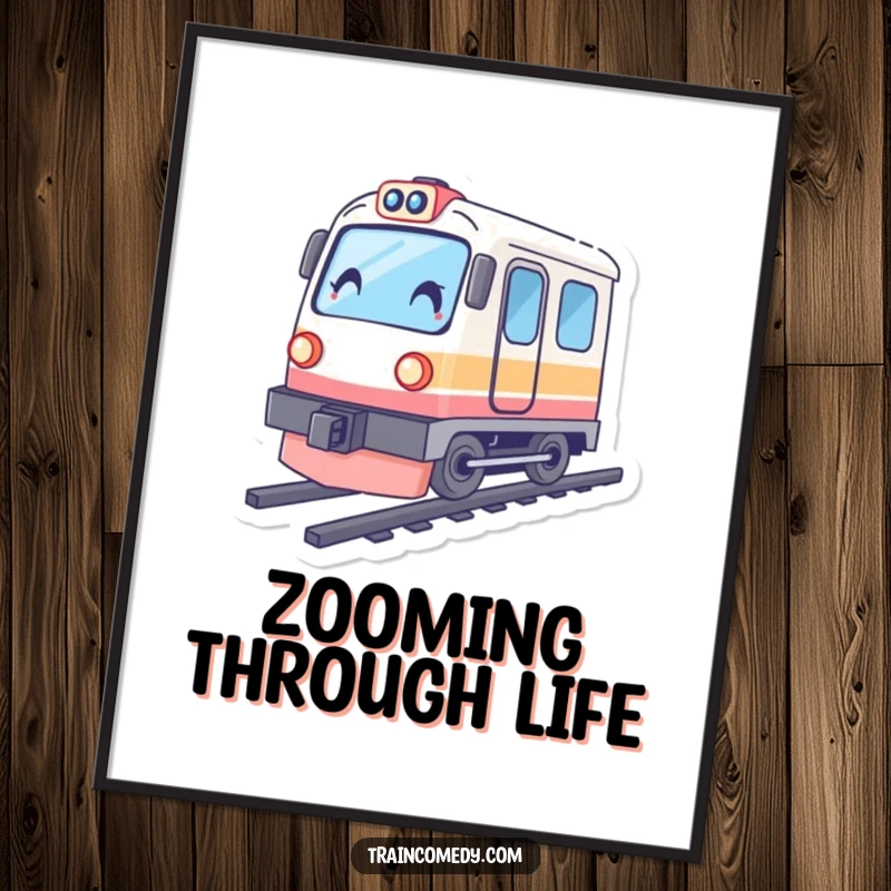 Funny train digital art print, character tilted sharply, symbolizing intense speed and the excitement of motion.