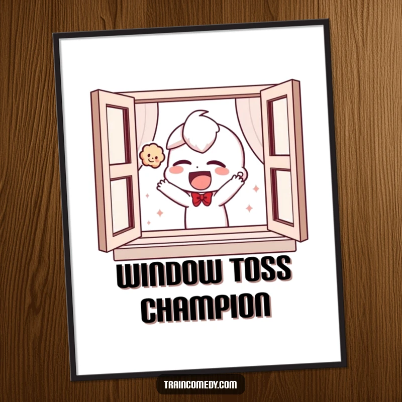Funny digital art print of a giggling character playfully tossing a plush toy out of a window, ready for printing.