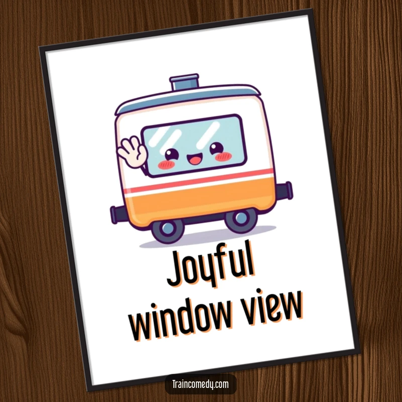 Funny kawaii train car character waving from its window, designed as a cheerful digital art print.