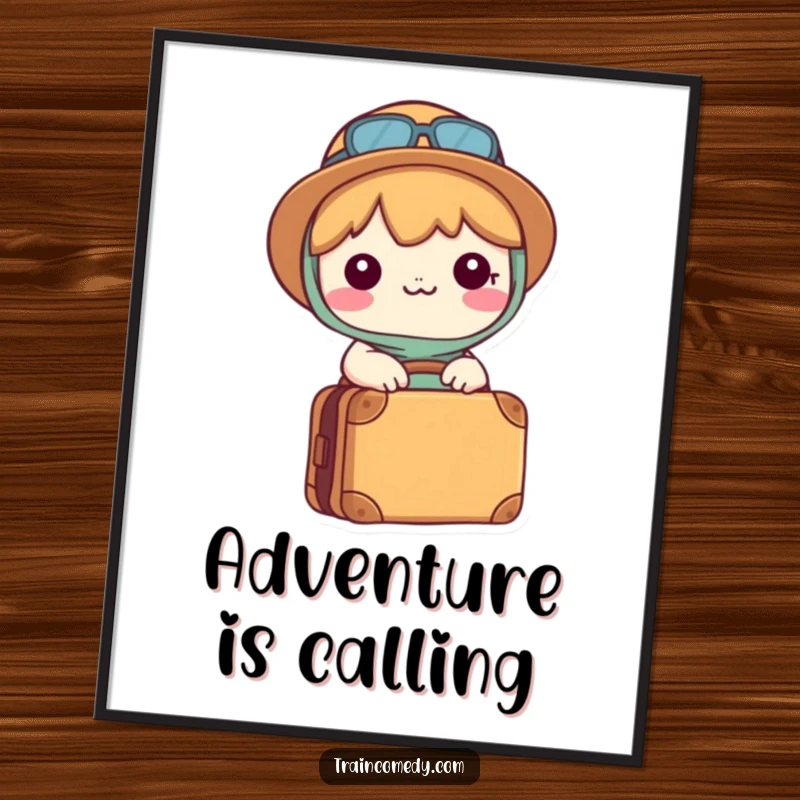 Funny Kawaii digital art print of a happy character with a packed suitcase, ready for adventure and travel.