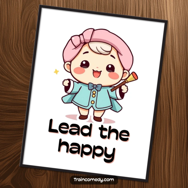 Funny Digital Art Print: Cheerful Kawaii conductor with baton, smiling, adding musical flair to decor, a fun gift.