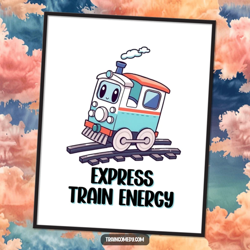 Funny playful train character doing a cartwheel on train tracks, a high-resolution digital art print for instant, humorous and energetic decor.