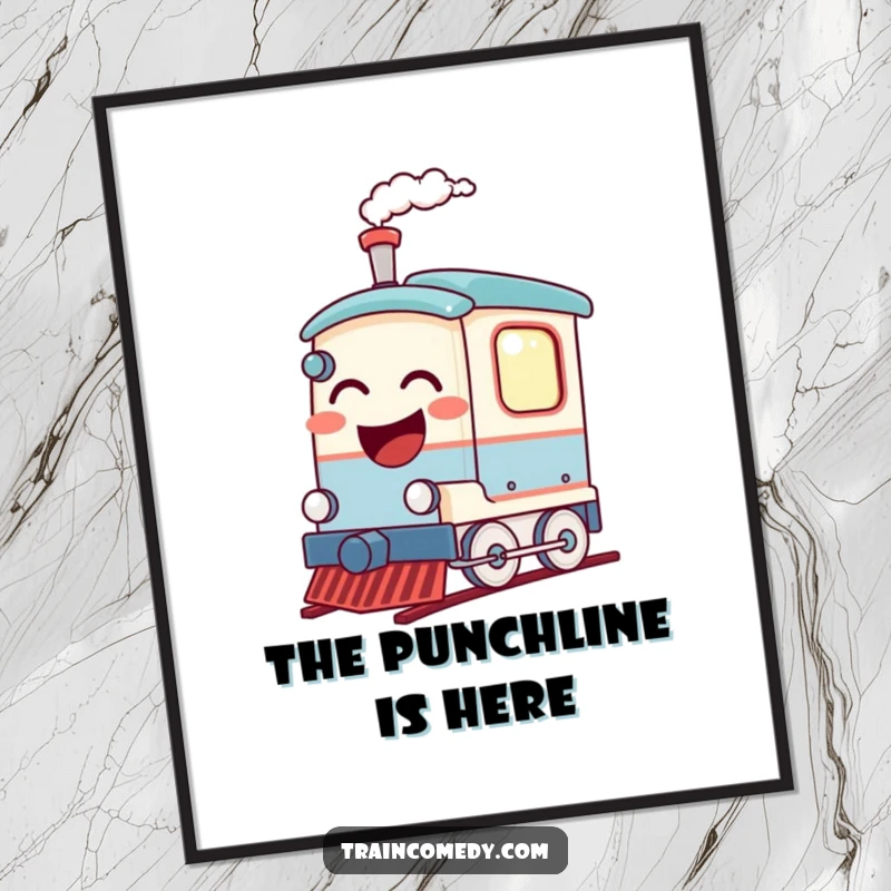 Funny digital art print of a train car mid-laugh, steam puffing. High-resolution, humorous artwork for instant download and display.