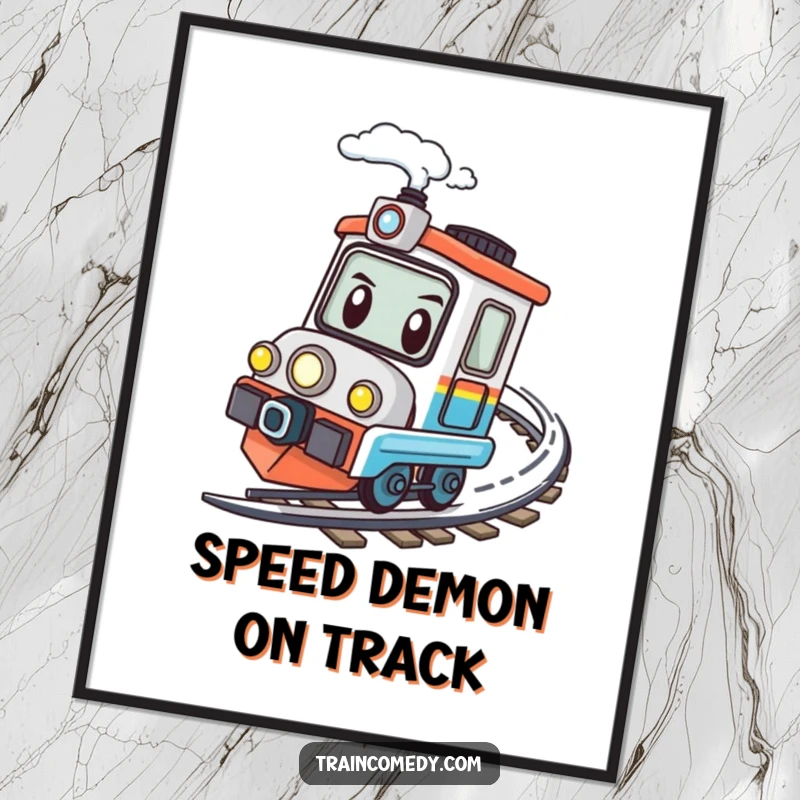 Funny kawaii train character determinedly speeding around a bend, designed as a dynamic digital art print.