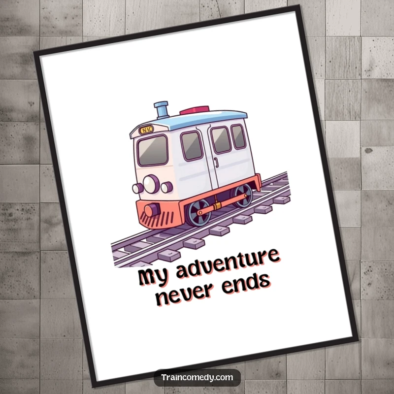 Funny digital art print of a train car with wheels spinning rapidly along tracks, conveying a sense of merry movement.