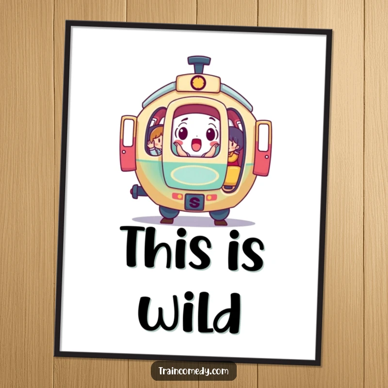 Funny digital art print of a surprised, round train car character with open doors revealing colorful passengers, perfect for immediate humor download.