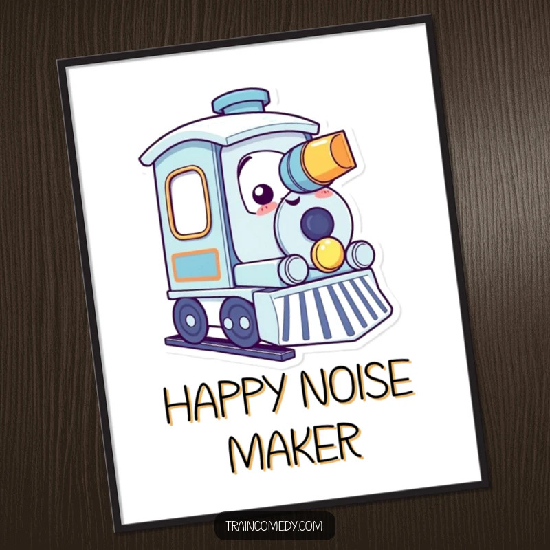 Funny kawaii train character gleefully tooting its horn with a smile, designed as a cheerful digital art print.