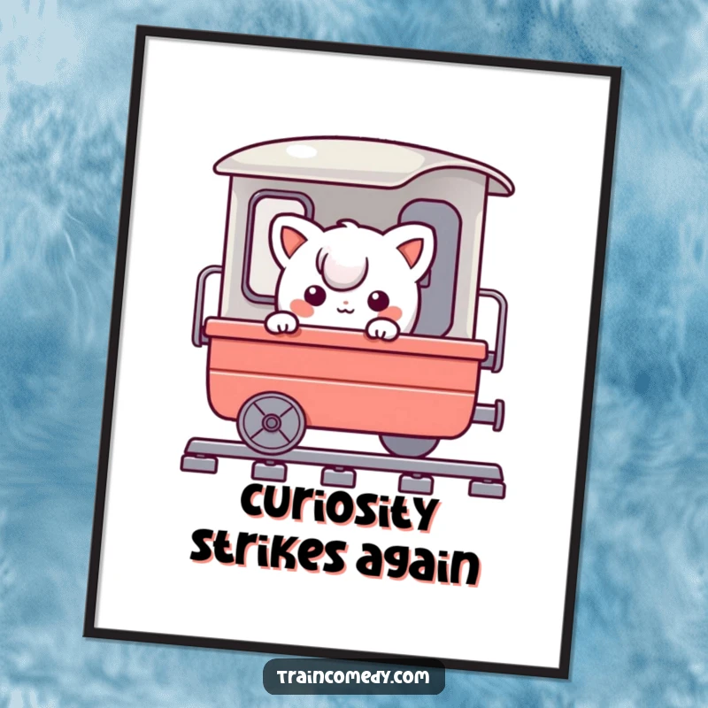 Funny digital art print of a playful character comically peeking around a train cart, evoking a sense of adventure and lighthearted fun.