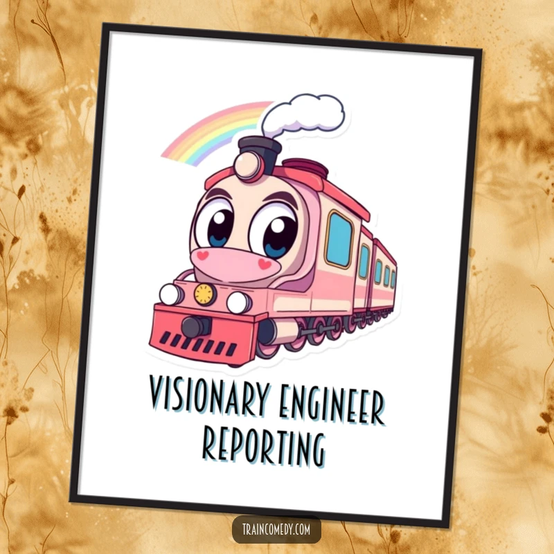 Funny digital art print of a train with wide eyes looking at a beautiful rainbow, offering instant whimsical charm and happiness to any digital display.