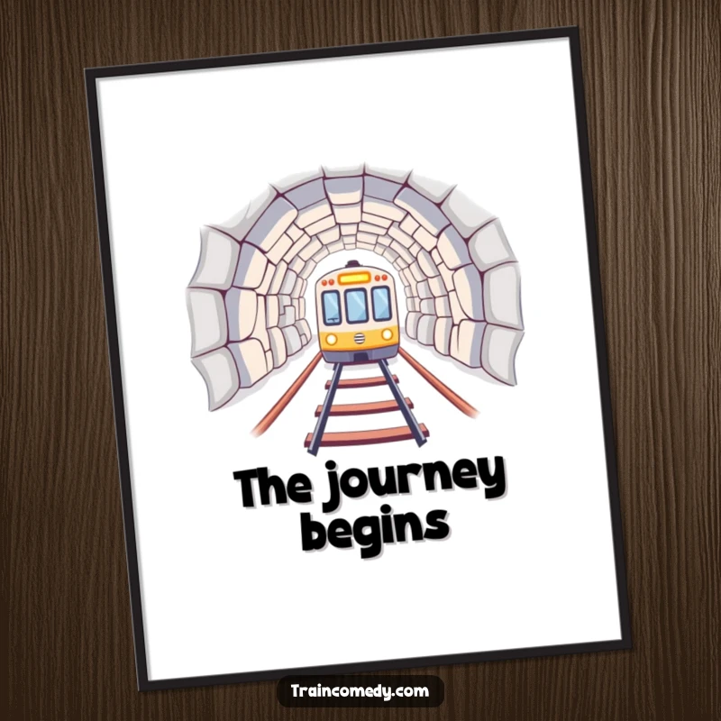 A train emerging from a tunnel, delivered as a digital art print for instant, humorous decor. Fun funny gift.