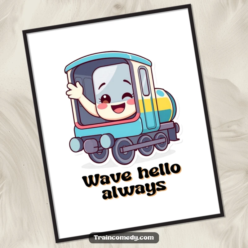 Funny train digital art print of a smiling locomotive waving from its window, a high-resolution humorous artwork for instant download.