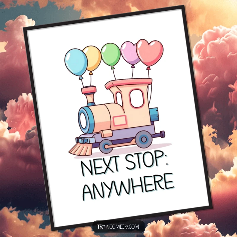 Funny digital art print of a whimsical train with balloons embarking on an adventure.
