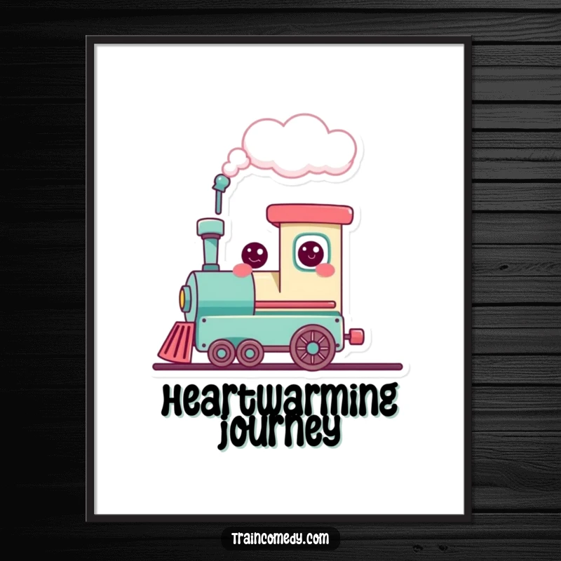 Funny cute train character smiling and puffing a heart-shaped cloud, a high-resolution digital art print for instant, humorous and loving decor.