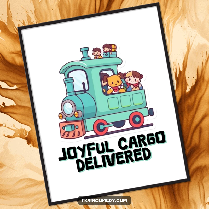 Funny Kawaii Train Digital Art Print: A cute kawaii train carries happy passengers, conveying shared joy.
