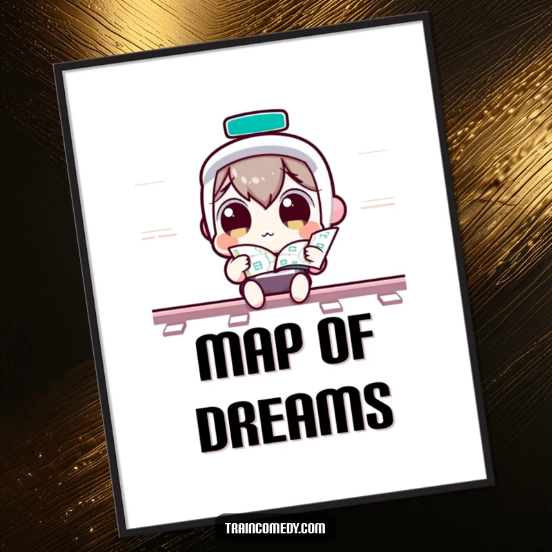 Funny Digital Art Print: Curious Kawaii character with wide eyes examining a train map, inspiring travel, a fun gift.