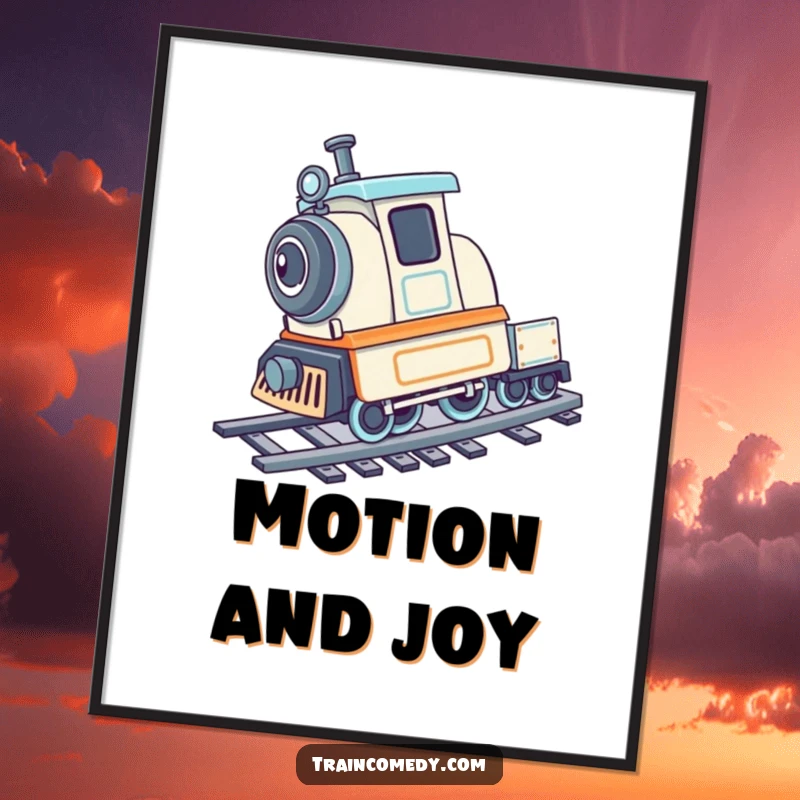 Playful train character doing a cartwheel on its tracks, available as a digital art print.