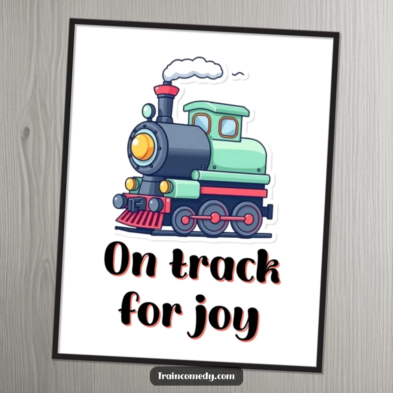 Funny cute train character tooting its whistle with steam, as a digital art print, bringing instant cheerful humor.