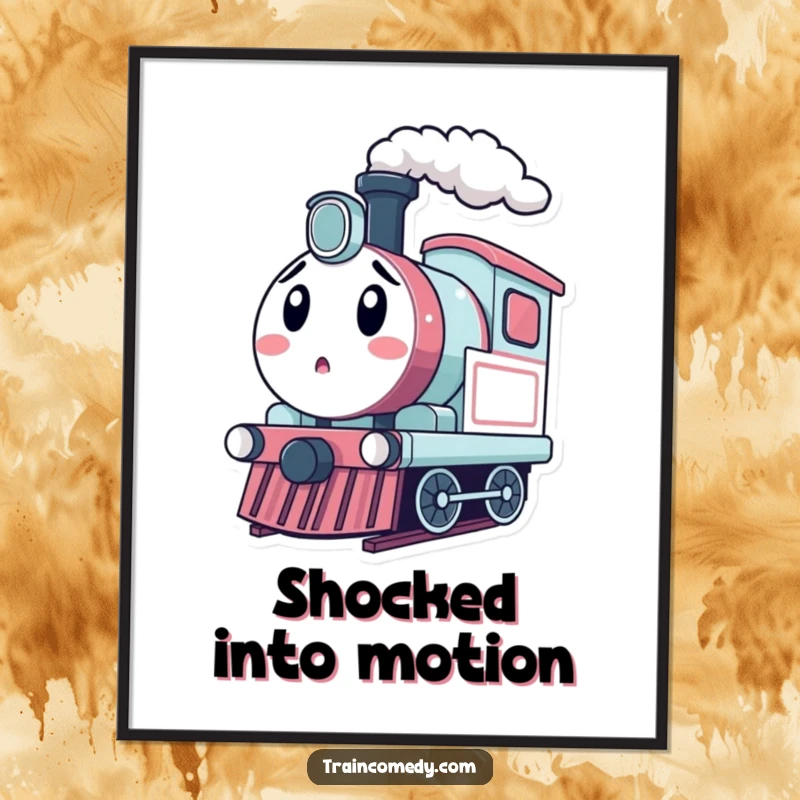 Funny kawaii train engine character puffing steam with a shocked expression, perfect for humorous wall art.