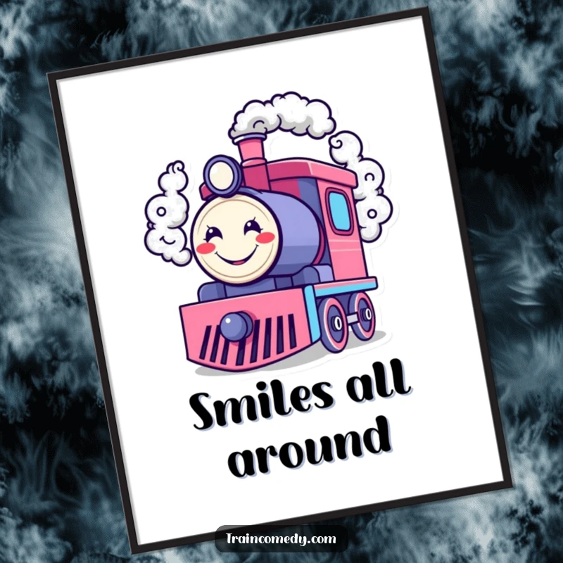 Funny digital art print of a happy train engine character blowing smoke rings shaped like cheerful smiley faces, for instant downloadable joy.