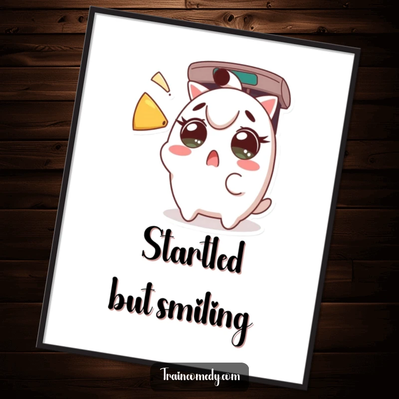 Funny Digital Art Print: Surprised Kawaii character with wide eyes from a train horn, adding humor and shock value, a fun gift.