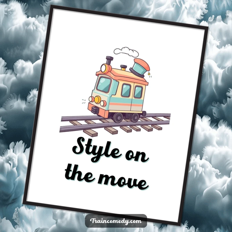 Funny digital art print of a train car with a jaunty hat speeding on a wavy track. High-quality, humorous artwork for instant download.