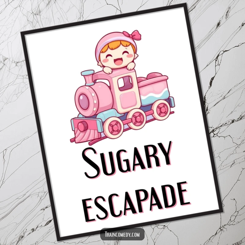 Funny digital art print of a joyful character balancing on the roof of a moving candy train car, celebrating pure fun.