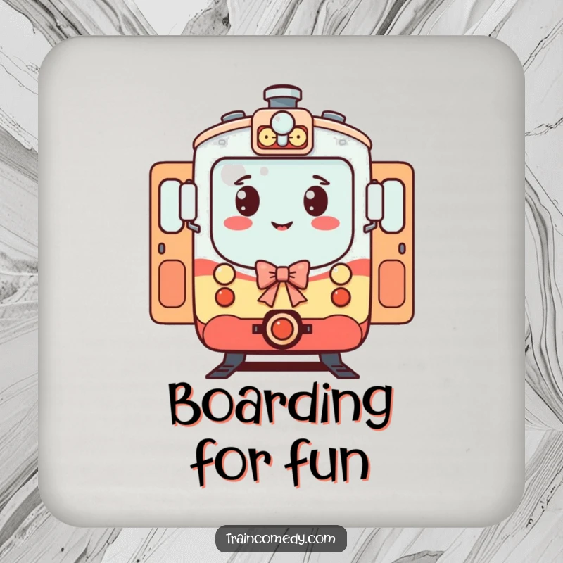 Funny Train Coaster: A bowing train character with open doors offers a funny, friendly welcome to your drinks.