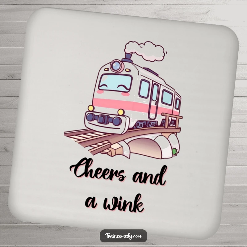 Funny Kawaii Train Coaster: A kawaii train winks playfully as it crosses a bridge, a humorous protector.