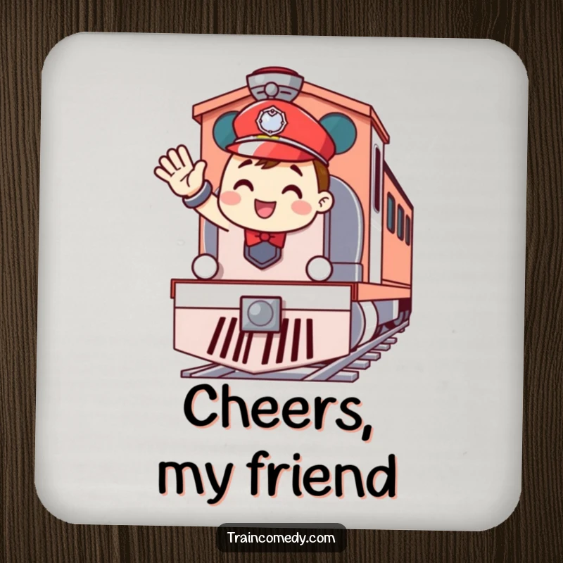 Funny drink coaster featuring a cheerful train conductor enthusiastically waving from the front of a train engine, a humorous table protector.