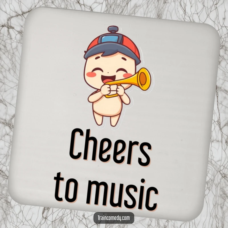 Funny drink coaster featuring a happy character grinning while playing a trumpet that resembles a train horn, musical notes shown.