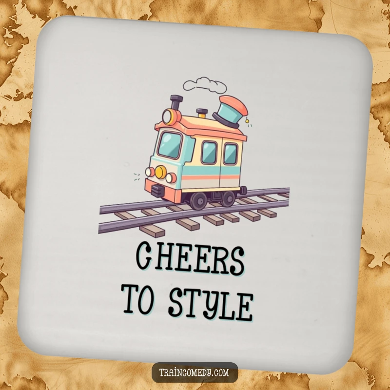 Funny drink coasters featuring a train car in a jaunty hat, speeding on a wavy track. Stylish and protective.