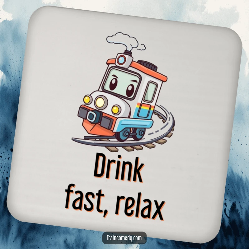 Funny kawaii train character determinedly speeding around a bend on a functional and speedy drink coaster.