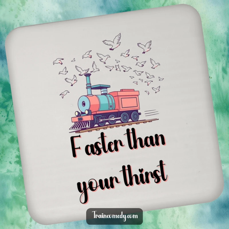 Funny train drink coaster depicting a locomotive racing birds in the sky, a humorous and protective accessory for tabletops.
