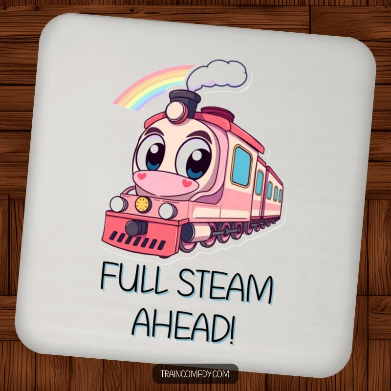 Funny drink coasters featuring a train with big eyes admiring a rainbow, protecting surfaces with a cheerful and colorful design for any table.