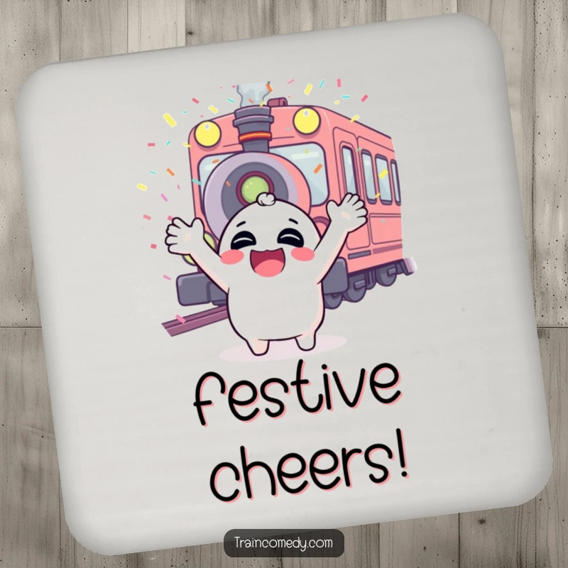 Funny drink coaster featuring a giggling character, arms up, confetti falling from a train whistle, a festive party vibe.