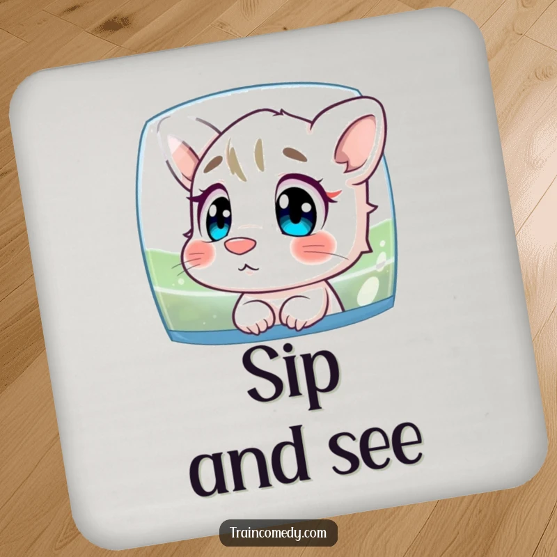 Funny drink coaster showing a character with nose pressed to glass, observing scenery, perfect for protecting tables with a humorous touch.