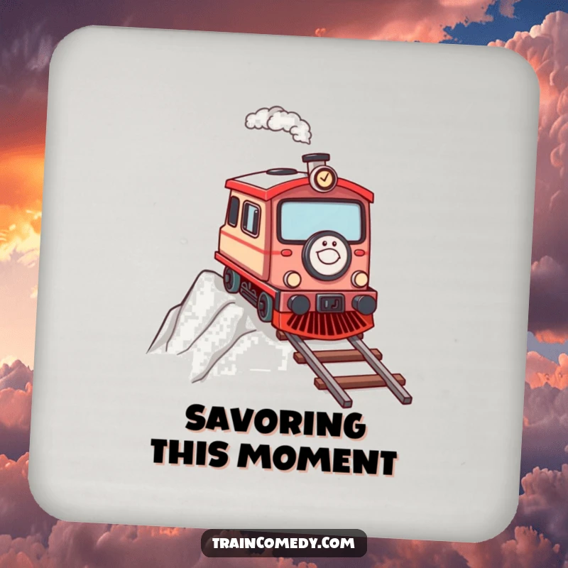 Determined train character chugging up a steep incline, depicted on motivational drink coasters.