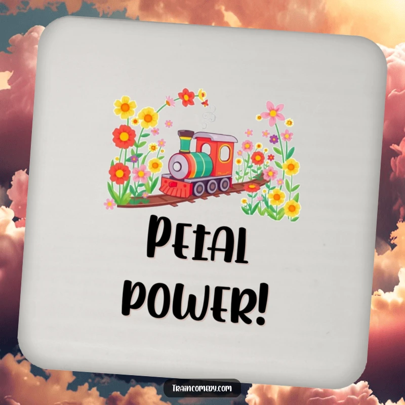 Funny drink coasters featuring a train traveling through a colorful flower tunnel, offering surface protection with a cheerful and botanical design.