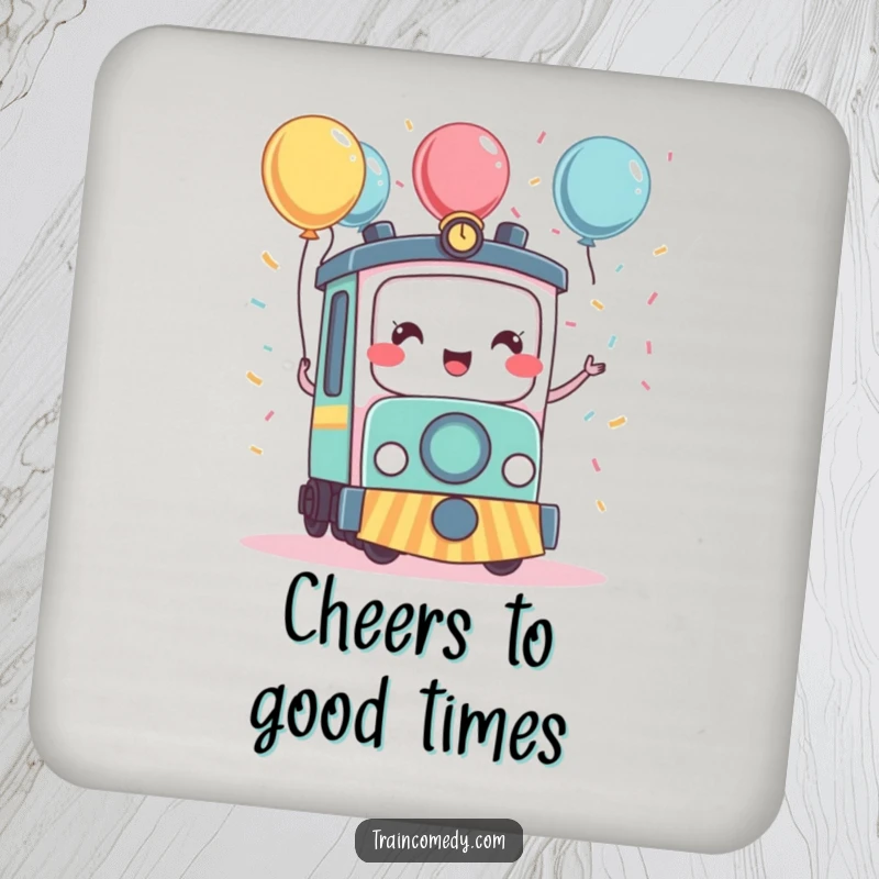 Funny kawaii train character celebrating with confetti and balloons, illustrated on a durable coaster for a humorous and festive touch.