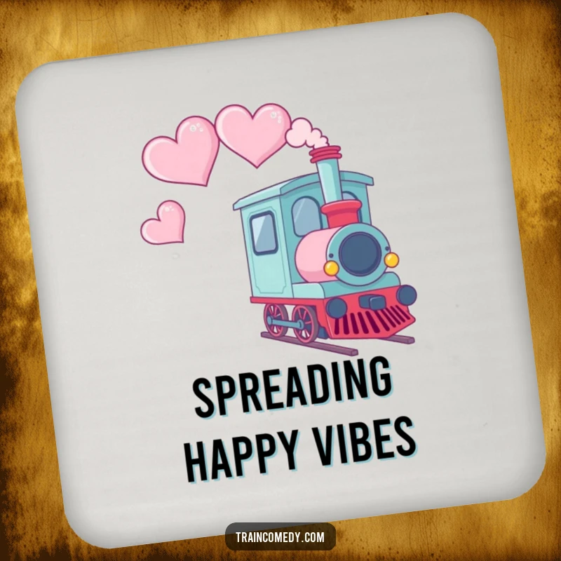 Funny drink coaster set depicting a Kawaii train car emitting smoke shaped like hearts, adding whimsical charm.