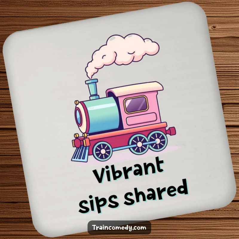 Funny drink coasters featuring a train engine releasing a puff of rainbow smoke. Protects surfaces with magic and color.