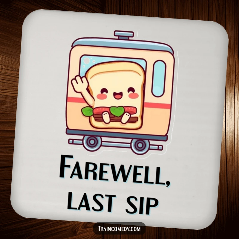 Funny drink coaster featuring a sandwich character in a train car, waving goodbye, protecting surfaces with adorable and humorous flair.