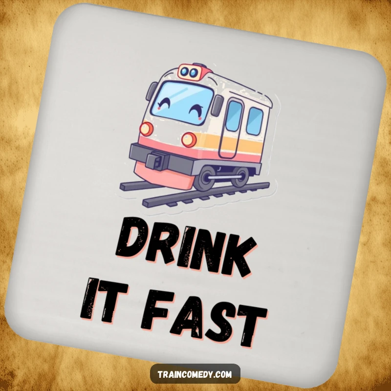 Funny train coaster, character tilted as if speeding, protecting surfaces with a dynamic and humorous touch.
