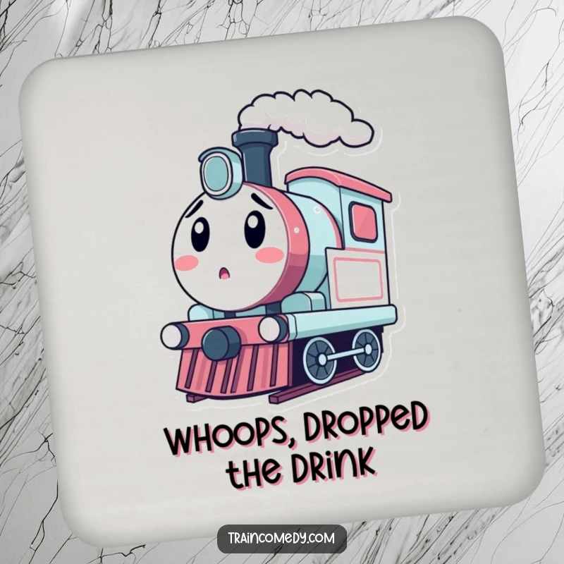 Funny kawaii train engine character puffing steam with a surprised expression, designed as a drink coaster.